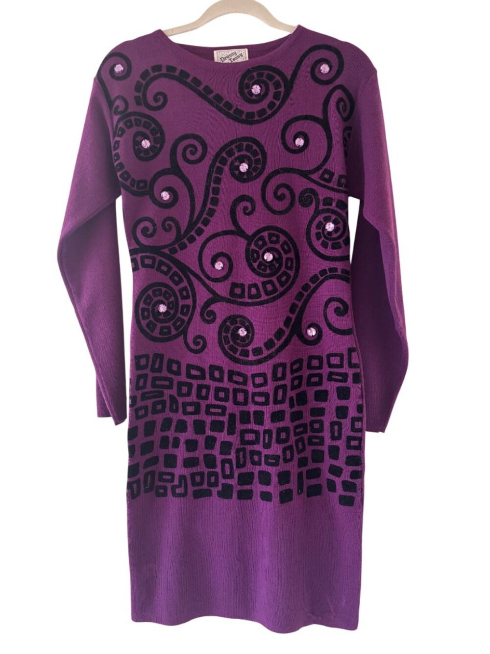 Dressy Tessy Vintage Purple Sweater Dress Embellished Black Flocked 80s